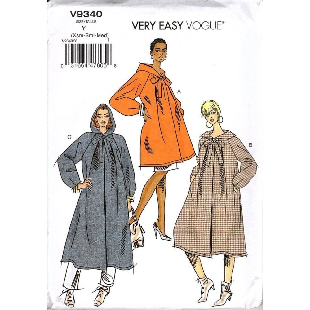 Very Easy Vogue V9340 Misses XS to M Hooded Coat Uncut Sewing Pattern
